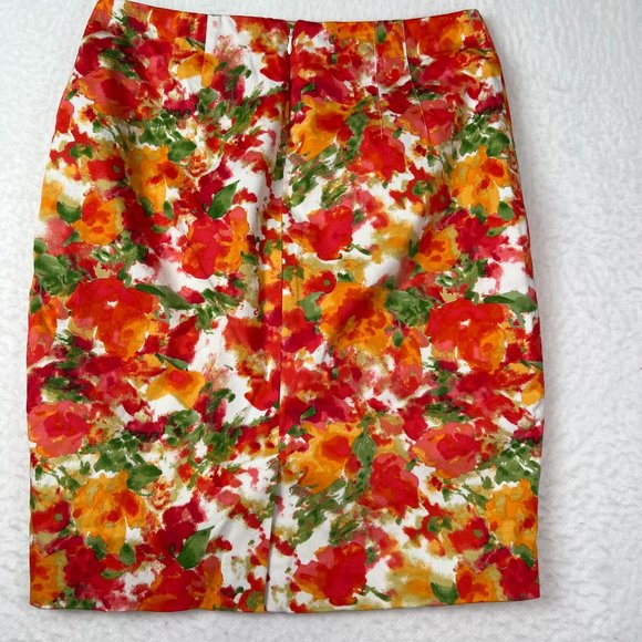 Forever 21 Flowered Pencil Mini Skirt Sz 2 Orange Yellow Green Pink Cotton Lined - Picture 1 of 8